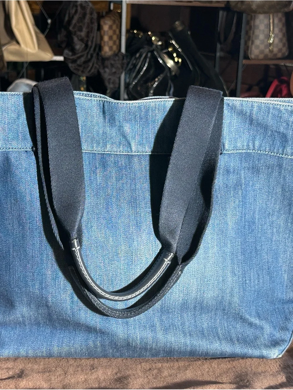 Coach Denim Logo Tote in Blue with Navy Trim and Beautiful Floral Interior